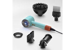 Image Dyson;s new hair dryer surrounded by its attachments.