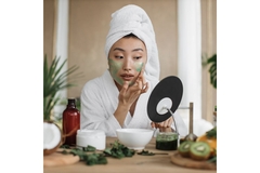 woman with hair in towel applies face mask to cheek