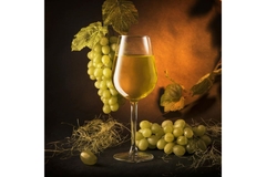 Image Chardonnay wine, vines in the background.