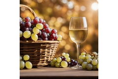 Image Chardonnay next to basket of grapes.