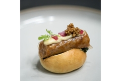 Image A cell-cultured sausage on a bun with some toppings (Image Credit: Meatable).