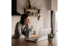 Image A woman laughing with a friend via video call