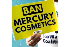 Image A hand holding a poster that says "ban mercury cosmetics."