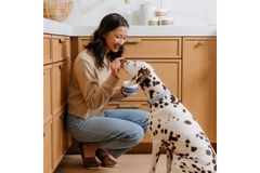 Image Woman feeds the Calm supplement from Cymbiotika to a dalmatian