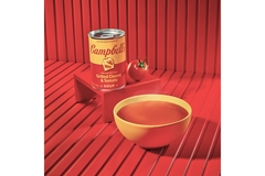 Image A can and a bowl of tomato soup.
