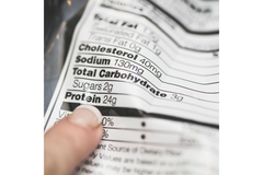 Image Nutrition label with person pointing to protein and sugar content.