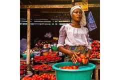 Image A woman runs a stall at a food market.