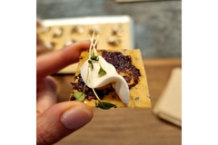 Image A hand holding a cracker with white meat analog.