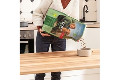 Pouring pet food in a bowl.