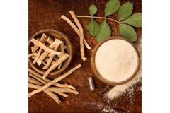 Ashwagandha roots, powder and leaves.