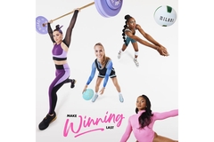 Image four female athletes lifting weights, stretching, with vollyball and basketball