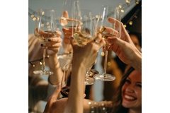 Image People cheersing with wine glasses at a holiday party.