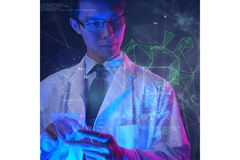 Image a scientist using a mobile phone in a futuristic background.