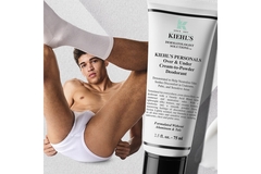 A man wearing boxer briefs with his legs open next to Khiehl's new intimate deodorant.