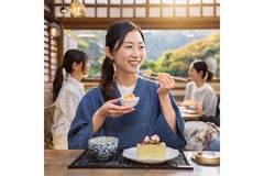 Image a woman eating a pastry.