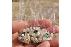 Image Hand holding bag with plastic pellets.
