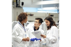 Image Three researchers talking in a lab.
