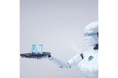 robot holding a tray with the symbols A and I.