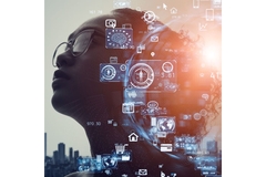 A women with computer symbols and digital media floating around her head.