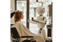 Image A woman sitting in a salon and a robot bringing her coffee.