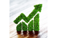 Image A green arrow on top of a bar chart.
