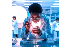 Image a male scientist looking into a glass beaker.
