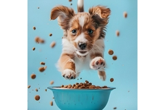 Image a dog jumping on pet food in a bowl.