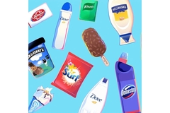 Image Unilever brnad products collage with ice cream, sauce, and personal care bottles