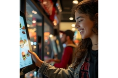 Girl choosing a burger from a digital menu.
