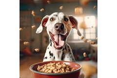 a dog with pet food in a bowl.