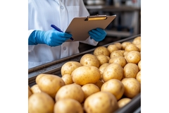 Image a scientists in a white coat inspecting potatoes on a conveyor belt.