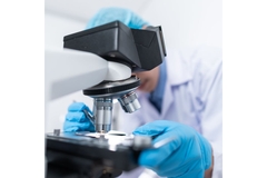 Image Lab technician looking through microscope