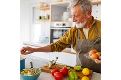 Image Older man cooking a meal with less processed foods.