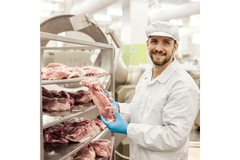 Image a factory worker holding a piece of raw meat.