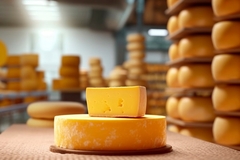 Image a man's hand holding a cheese wheel.