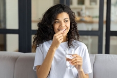 A young girl taking supplements on a couch.