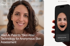 Image an image of a smiling woman, with her face scanned on a mobile next to her face