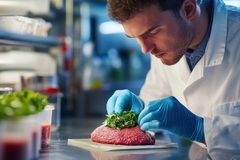 Image a male scientists examining plant based meat in a laboratory.