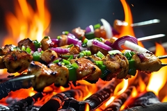 meat on the grill with flames.