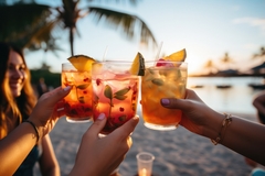 Image three hands holding soft drinks.