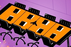 A drawing of empty board room chairs at a table.
