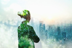 Image Double exposure image of city scape and a woman