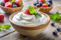 yogurt with strawberry and mint leaves.