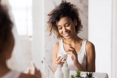 woman applies cream in bathroom