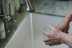 Image Hands in a running sink washing a cup.