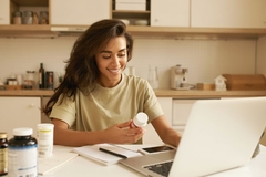 Woman checking a supplement on her computer.
