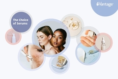 Image collage of model with clear skin and serum bottle and dropper