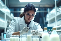 a female scientist testing milk samples in the lab.