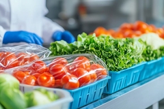 A group of containers of vegetables with plastic wrapped around.