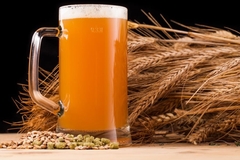 Image A nice hazy beer next to some wheat and hops.